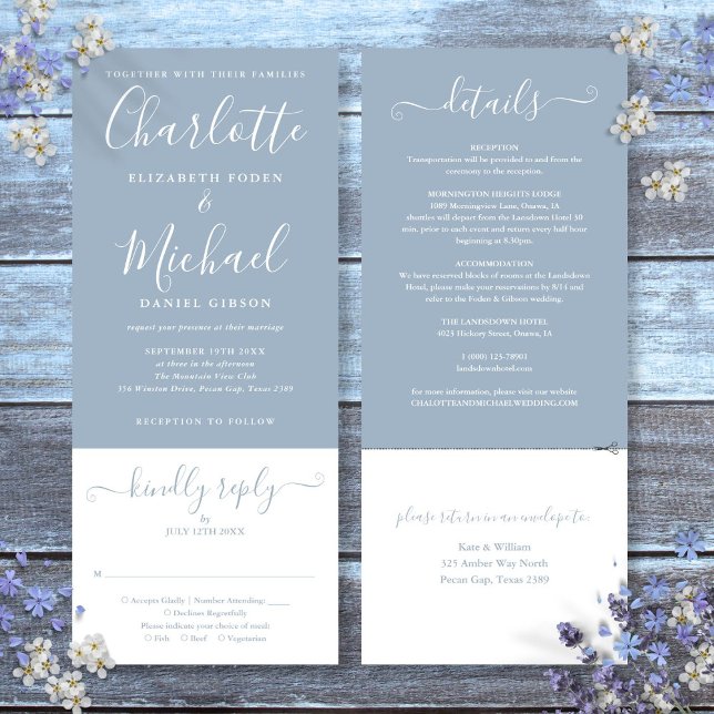 Dusty Blue Elegant Script All In One Wedding Invitation (Dusty Blue Elegant Script All In One Wedding Invitation)
