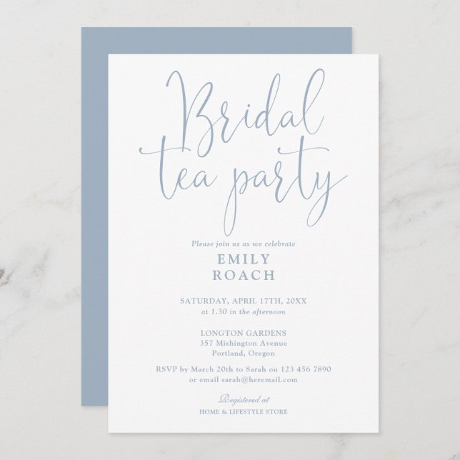 Dusty Blue Elegant Script Bridal Tea Party Shower Invitation (Front/Back)