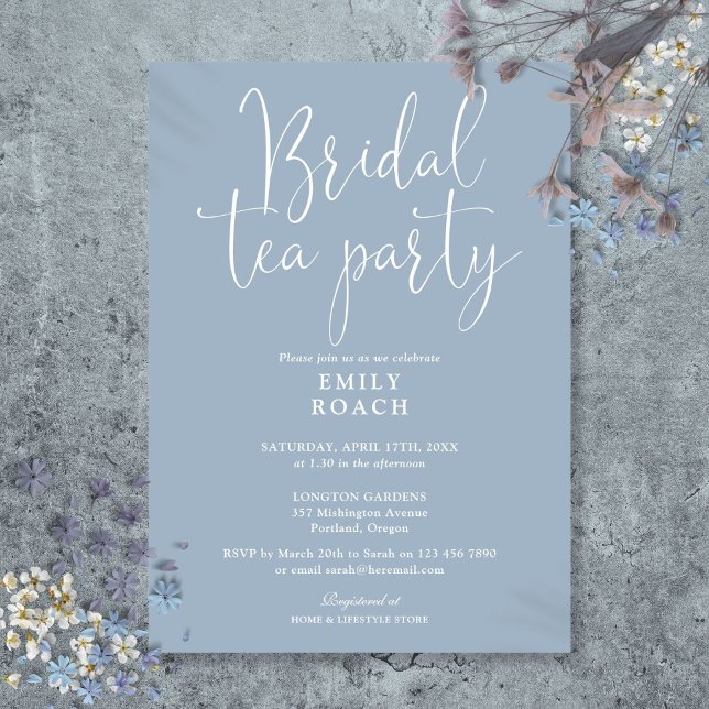 Dusty Blue Elegant Script Bridal Tea Party Shower Invitation (Dusty Blue Elegant Script Bridal Tea Party Shower Invitation)