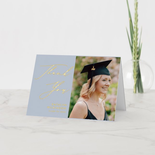 Dusty Blue Elegant Script Graduation Thank You Foil Greeting Card (Front)