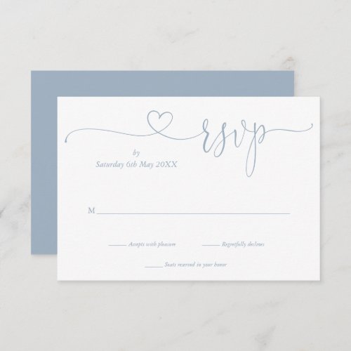 Dusty Blue Elegant Script Heart Simple RSVP Card - A simple elegant dusty blue script heart kindly reply RSVP card with your details set in chic typography. Designed by Thisisnotme©