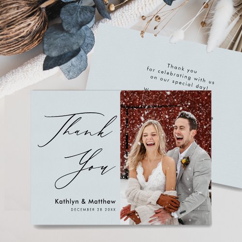 Dusty Blue Elegant Script Minimalist Wedding Thank You Card