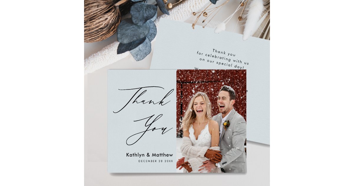 Dusty Blue Elegant Script Minimalist Wedding Thank You Card | Zazzle