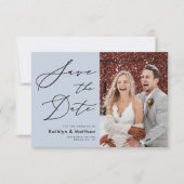 Dusty Blue Elegant Script Modern Photo Wedding Save The Date (Front)