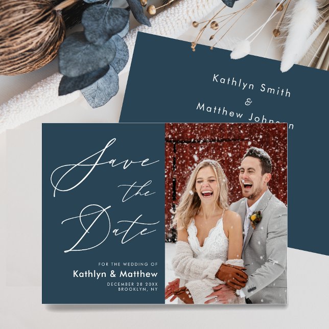 Dusty Blue Elegant Script Modern Photo Wedding Save The Date (Creator Uploaded)