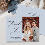 Dusty Blue Elegant Script Modern Photo Wedding Thank You Card<br><div class="desc">Dusty Blue Elegant Script Modern Photo Minimalist Wedding Thank You Card. Express how thankful you are to your friends and family who made your wedding an extra special with this beautiful wedding photo thank you card. All the texts are pre-arranged for you to personalize easily and quickly with your own...</div>