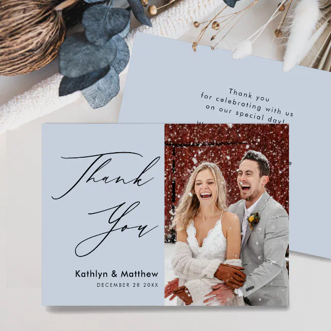 Dusty Blue Elegant Script Modern Photo Wedding Thank You Card | Zazzle