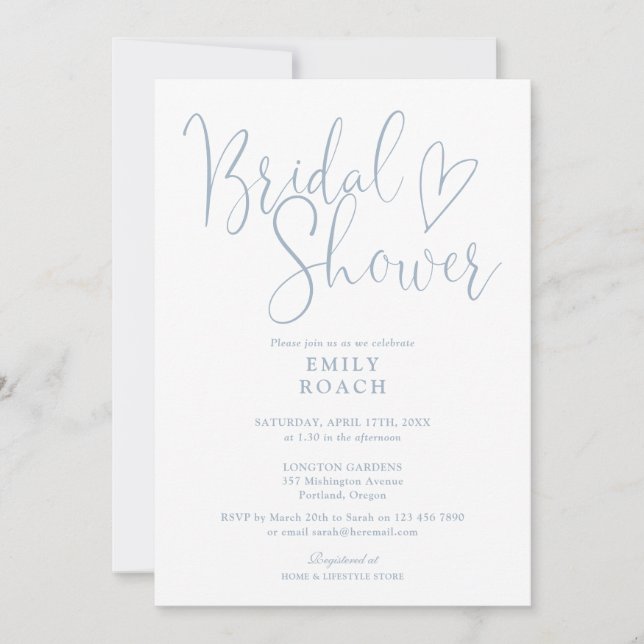 Dusty Blue Elegant Script QR Code Bridal Shower Invitation (Front)