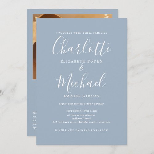 Dusty Blue Elegant Script QR Code Photo Wedding Invitation