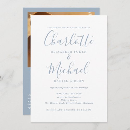 Dusty Blue Elegant Script QR Code Photo Wedding Invitation