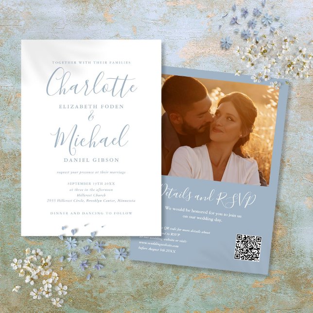Dusty Blue Elegant Script QR Code Photo Wedding Invitation (Dusty Blue Elegant Script QR Code Photo Wedding Invitation)