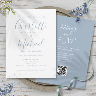 Dusty Blue Elegant Script QR Code Wedding Invitation
