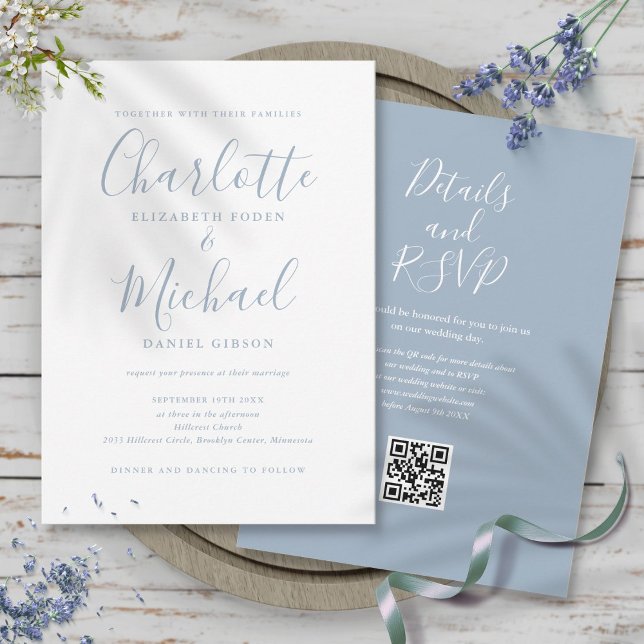 Dusty Blue Elegant Script QR Code Wedding Invitation (Dusty Blue Elegant Script QR Code Wedding Invitation)