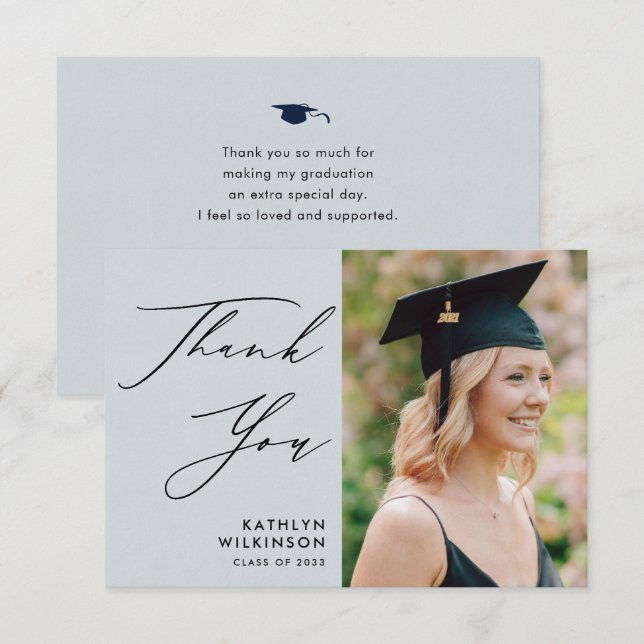 Dusty Blue Elegant Script Simple Photo Graduation Thank You Card (Front/Back)