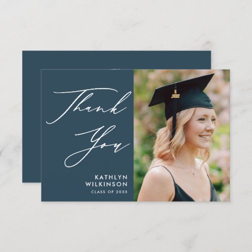 Dusty Blue Elegant Script Simple Photo Graduation Thank You Card