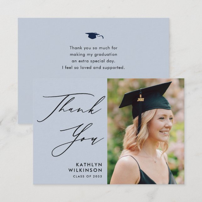 Dusty Blue Elegant Script Simple Photo Graduation Thank You Card (Front/Back)