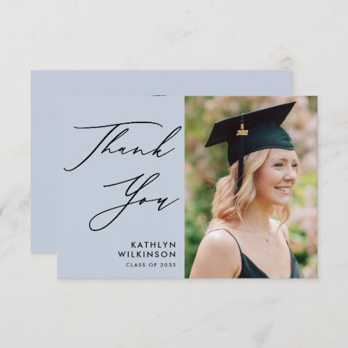 Dusty Blue Elegant Script Simple Photo Graduation Thank You Card