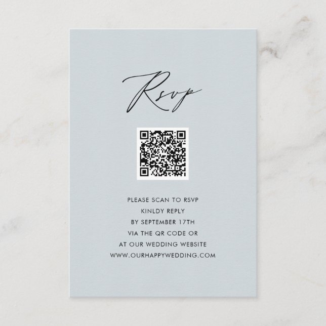 Dusty Blue Elegant Script Simple QR Wedding RSVP Enclosure Card (Front)