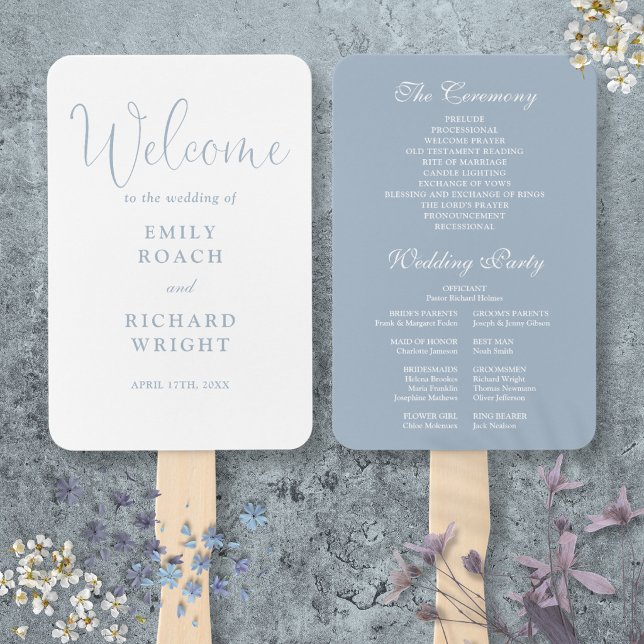 Dusty Blue Elegant Script Wedding Program Hand Fan (Dusty Blue Elegant Script Wedding Program Hand Fan)