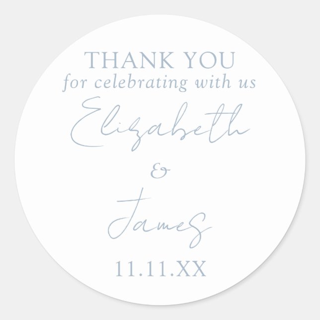 Dusty Blue Elegant Script Wedding Thank You Classic Round Sticker (Front)