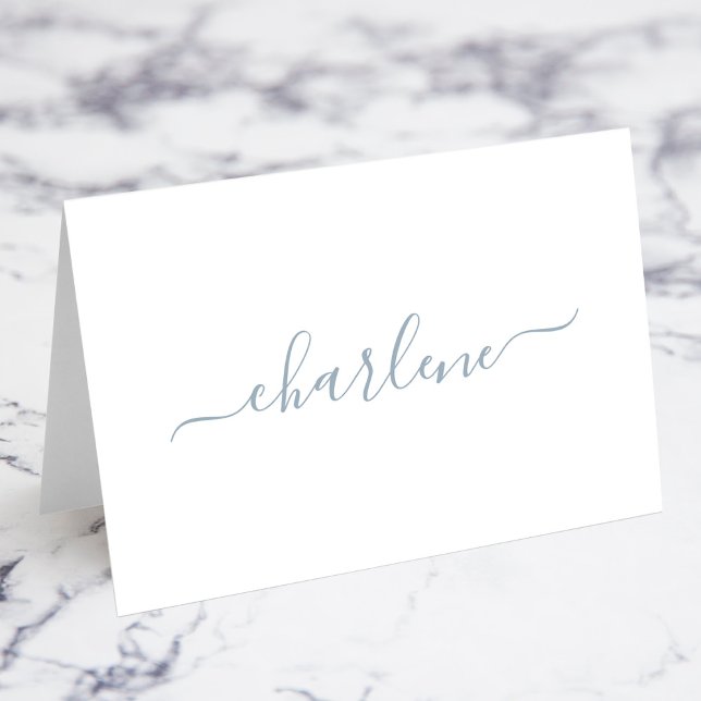 Dusty Blue Elegant Signature Name Place Cards (Dusty Blue Elegant Signature Script Individual Name Fold Your Own Place Cards)