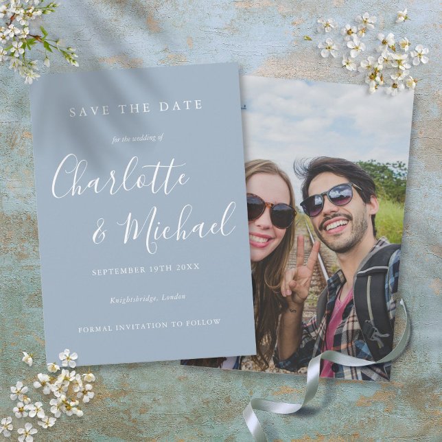 Dusty Blue Elegant Signature Script Photo Save The Date (Dusty Blue Elegant Signature Script Photo Save The Date)
