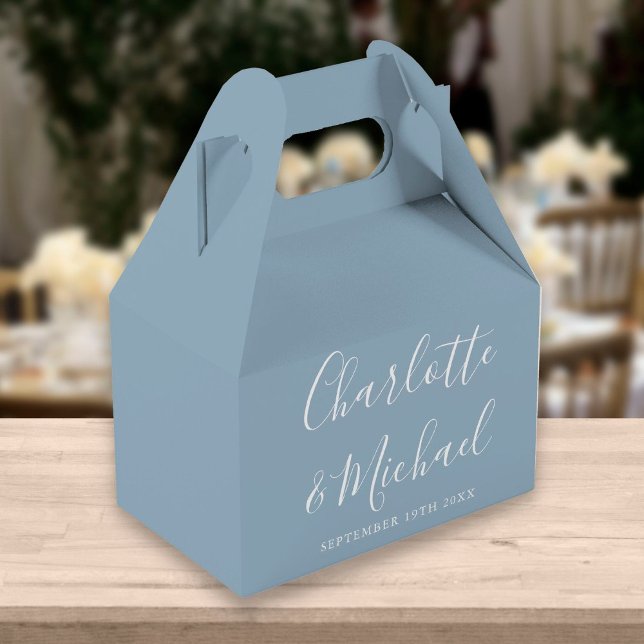 Dusty Blue Elegant Signature Script Wedding Favor Boxes (Creator Uploaded)