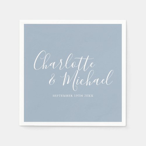 Dusty Blue Elegant Signature Wedding Napkins - Dusty blue elegant signature wedding napkins featuring signature style names, these modern dusty blue and white napkins can be personalised with your information in chic white lettering. Designed by Thisisnotme©