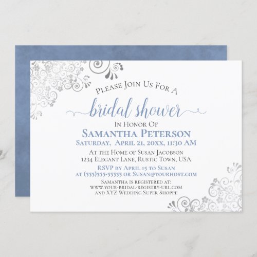 Dusty Blue Elegant Silver Lace White Bridal Shower Invitation