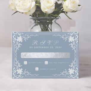 Dusty Blue Elegant Vintage Faux Silver Wedding RSVP Card