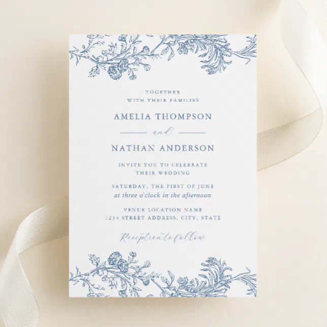 Dusty Blue Elegant Vintage Floral Wedding Invitation | Zazzle