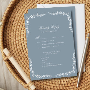 Dusty Blue Elegant Vintage Floral Wedding RSVP Card