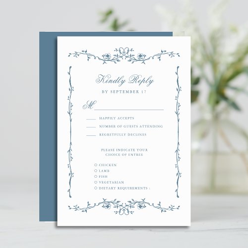 Dusty Blue Elegant Vintage Floral Wedding RSVP Card