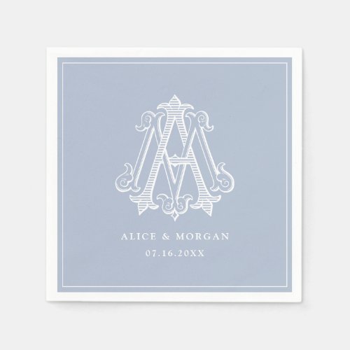 Dusty Blue Elegant Vintage Monogram AM Wedding Napkins