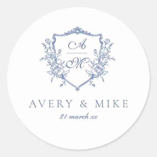 Dusty Blue Elegant Vintage Roses Crest Wedding Classic Round Sticker