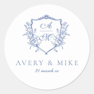 Dusty Blue Elegant Vintage Roses Crest Wedding Classic Round Sticker
