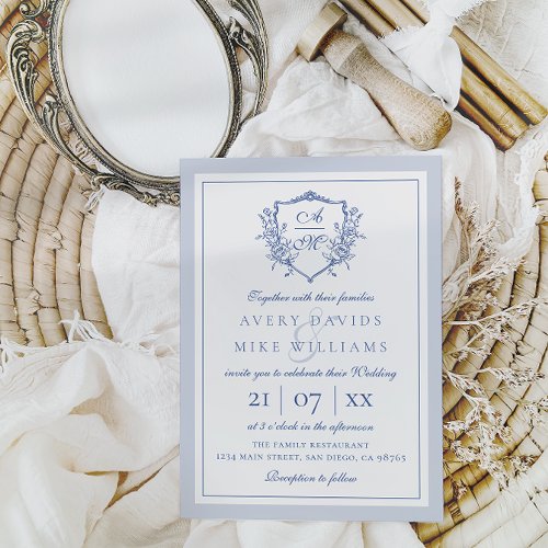 Dusty Blue Elegant Vintage Roses Crest Wedding Invitation