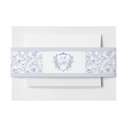 Dusty Blue Elegant Vintage Roses Crest Wedding Invitation Belly Band