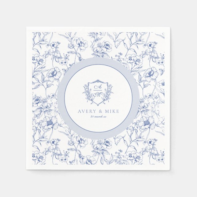 Dusty Blue Elegant Vintage Roses Crest Wedding Napkins (Front)