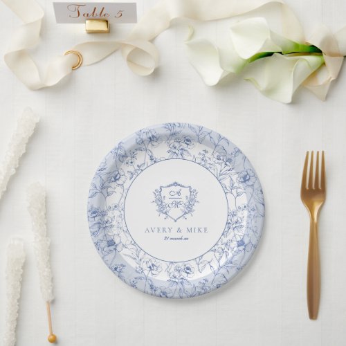 Dusty Blue Elegant Vintage Roses Crest Wedding Paper Plates