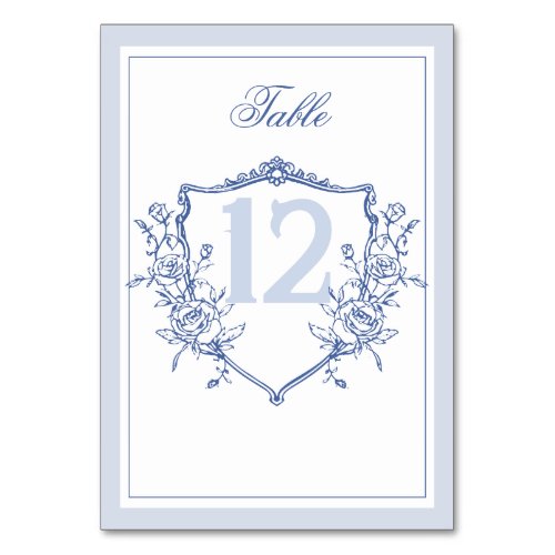 Dusty Blue Elegant Vintage Roses Crest Wedding Table Number