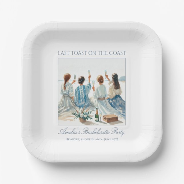 Dusty Blue Elegant Watercolor Coastal Last Toast Paper Plates (Front)