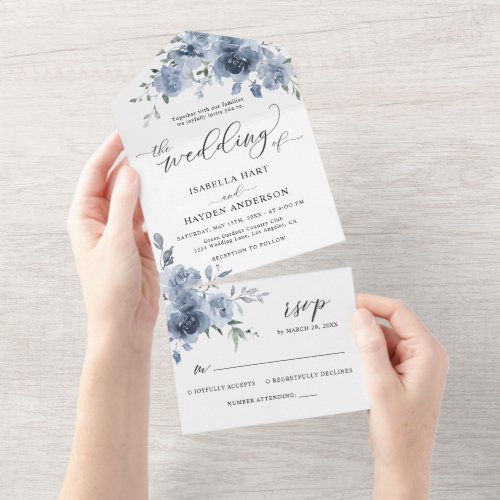 Dusty Blue Elegant Watercolor Floral Modern Pastel All In One Invitation