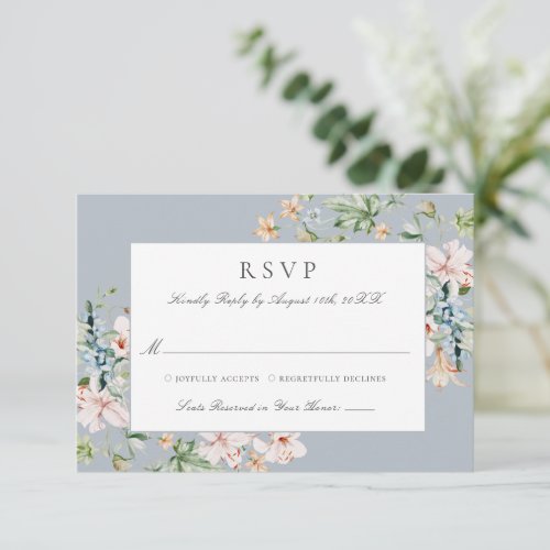 Dusty Blue Elegant Watercolor Floral Wedding RSVP Card