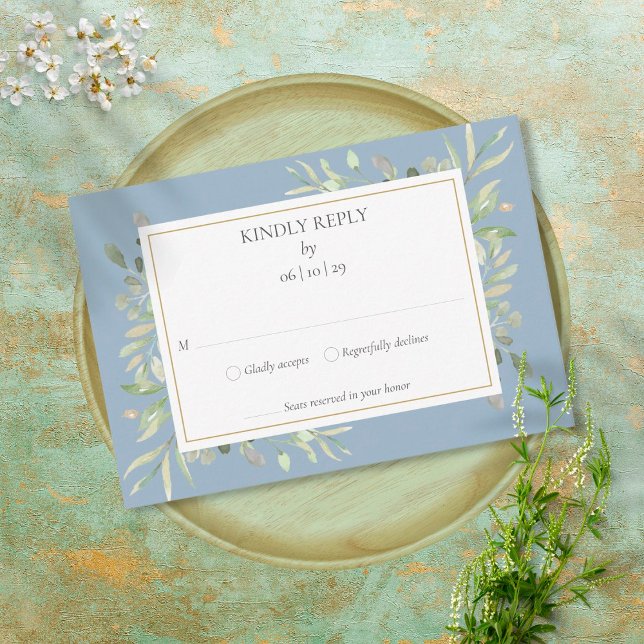 Dusty Blue Elegant Watercolor Greenery RSVP Card (Creator Uploaded)