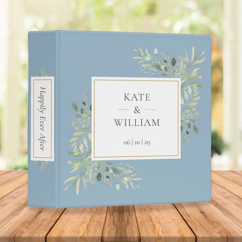 Dusty Blue Elegant Watercolor Greenery Wedding 3 Ring Binder