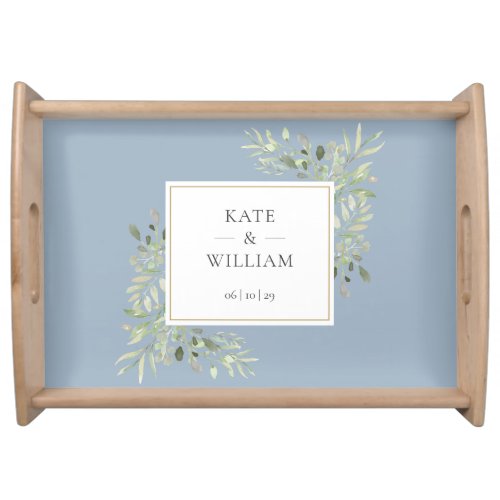 Dusty Blue Elegant Watercolor Greenery Wedding Serving Tray