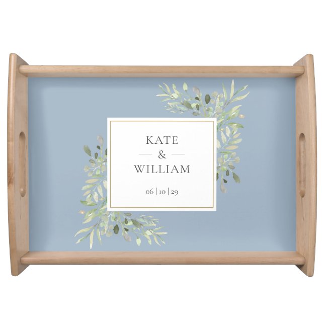 Dusty Blue Elegant Watercolor Greenery Wedding Serving Tray (Front)