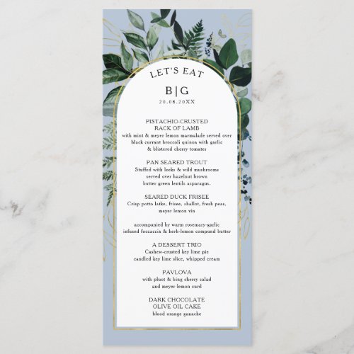 Dusty Blue elegant watercolor leave wedding dinner Menu