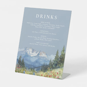 Dusty Blue Elegant Watercolor Mountain Drinks Menu Pedestal Sign